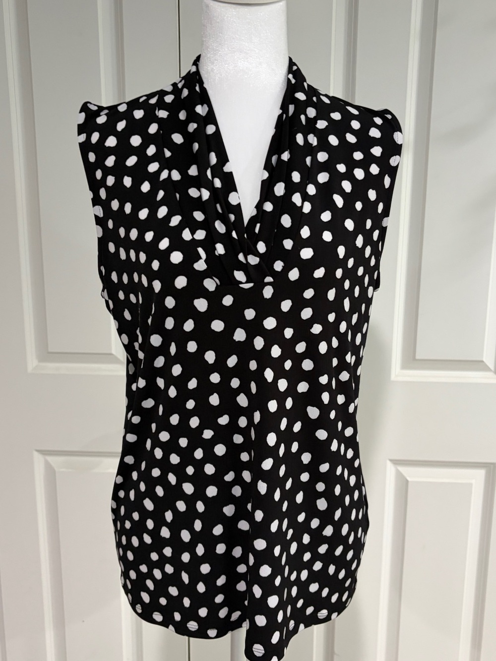 Anne Klein Black and White Polka Dot Cowl Neck Sleeveless Top